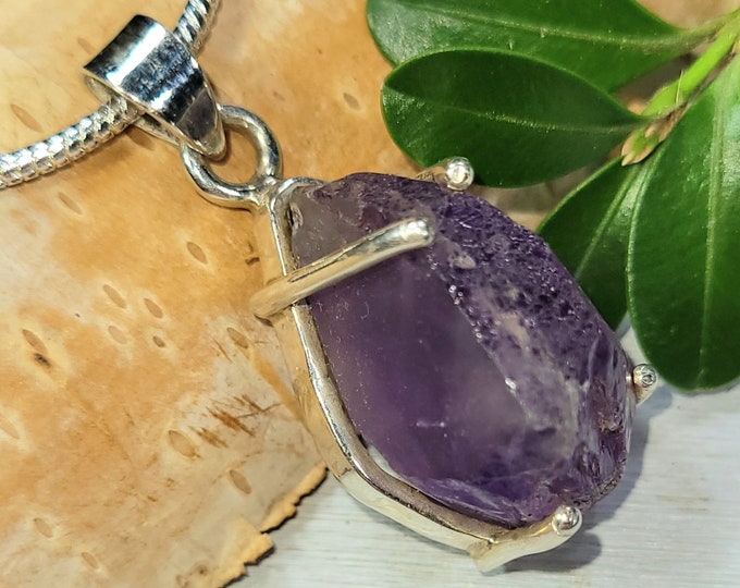 Amethyst Rough Cut Pendant, Amethyst Rough Raw Handmade Sterling Silver Pendant 1 3/8" x 5/8" 7 Grams, Gift for Her, AB12, Statement Pendant