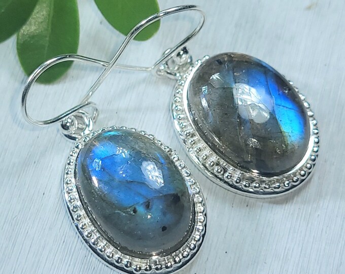 Natural Premium Blue Flash Labradorite Oval Handmade .925 Sterling Silver Earrings 10 Grams 1 1/2" x 5/8" CM09 Gift for Her Dangle Earrings