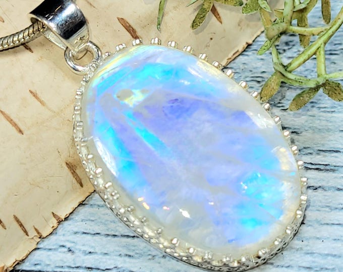 Rainbow Moonstone Sterling Silver Pendant: Handmade Blue Flash Cabochon
