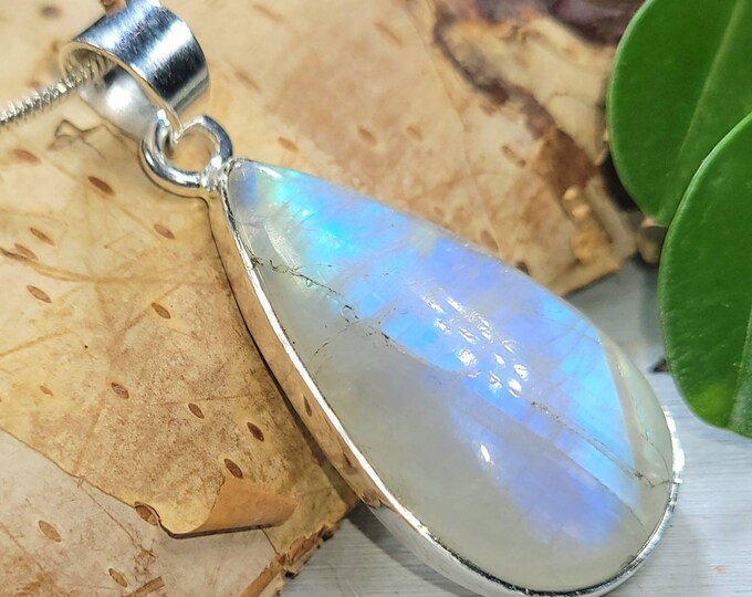 Natural High Grade Blue Flash Rainbow Moonstone Pear Handmade .925 Sterling Silver Pendant 1 13/16" x 5/8" 7 Grams DD42