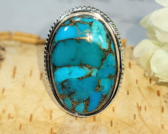 Turquoise Ring, Kingman Turquoise Ring, Turquoise Sterling Silver Size 8 1/4, Gift for Her, Boho Ring, Statement Ring, Handmade Ring,