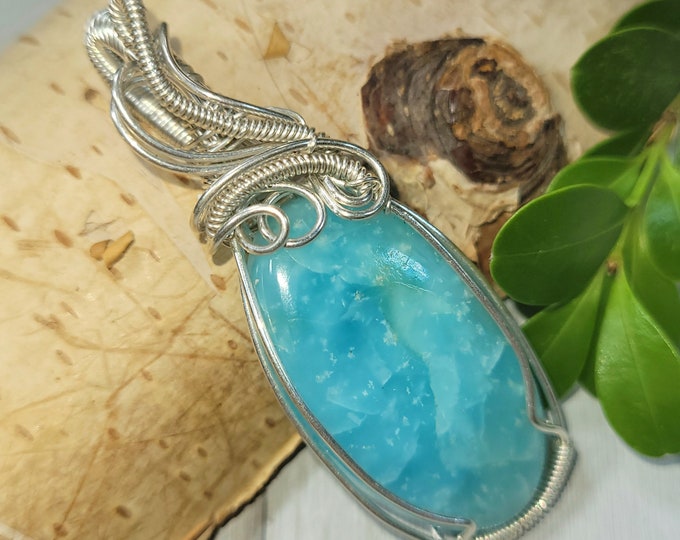 Natural Premium Hemimorphite Hand Wrapped .925 Sterling Silver Pendant 2 1/4" x  7/8" 11 Grams CP23 Handmade Wrapped Solid Sterling Silver
