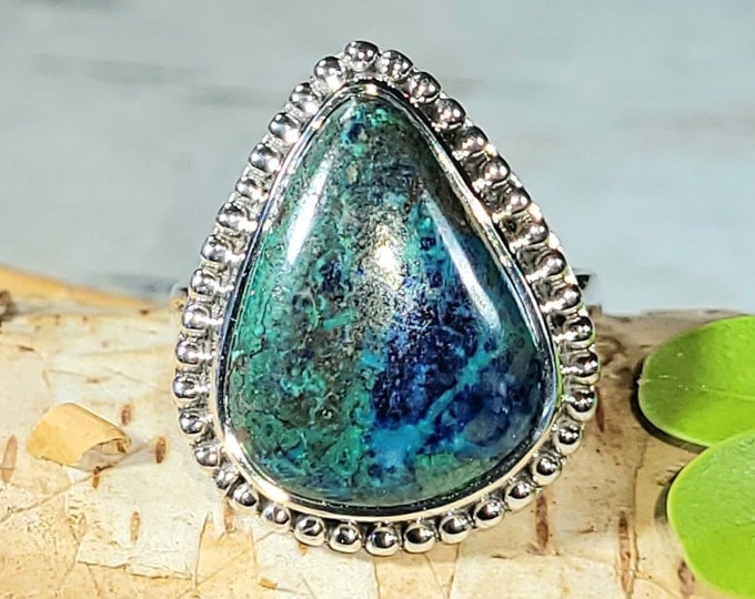 Natural Good Quality Shattuckite Handmade Pear .925 Sterling Silver Ring Size 6.5 5 Grams Face 7/8" x 3/4" CD23