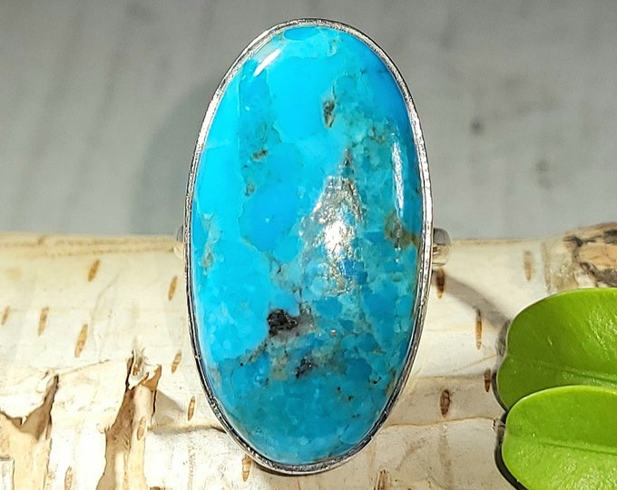 Natural High Grade Arizona Kingman Turquoise .925 Sterling Silver Ring Size 6 Weighs 7 Grams Face Measures 1 1/8" x 5/8" AH10