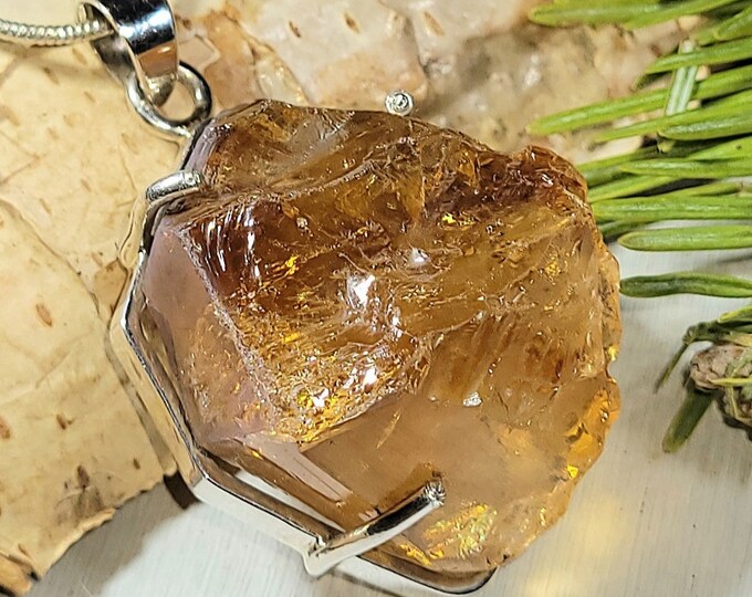 Natural Large Raw Citrine Rough Cut Handcrafted  .925 Sterling Silver Pendant 1 1/2" X 3/4" AL18 10 grams