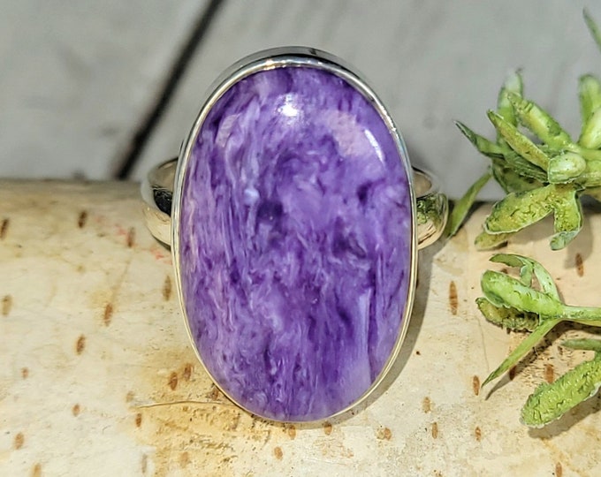 Charoite Ring, Charoite Sterling Silver Ring, Oval Charoite Ring, Size 7.75, Statement Ring, Handmade Charoite Ring, Gift for Her, HA