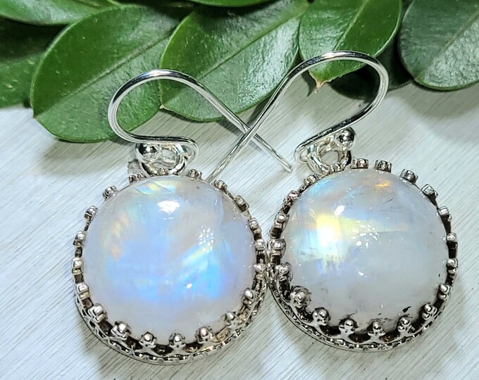 Natural Premium Grade Blue Flash Moonstone .925 Sterling Silver Crown Prong Setting Earrings 8 Grams 1 1/4" x 11/16" AP23