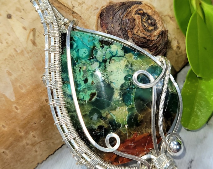Blue Opalized Wood Pendant, Petrified Wood Sterling Silver Wire Wrapped Pendant, Handmade Pendant, Statement Pendant, FE12