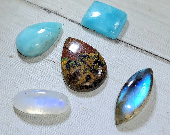 Natural Labradorite, Zarinite, Moonstone, Hemimorphite & Larimar 65ct Cabochons Mixed Lot 5 Stone Wire Wrap, Weaving ML12
