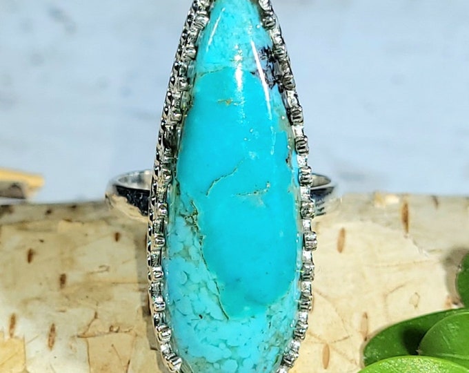 Natural AAA Arizona Kingman Turquoise .925 Sterling Silver "Crown Prong" Ring Size 6 Weighs 6 Grams Face Measures 1 1/4" x 1/2" CF06