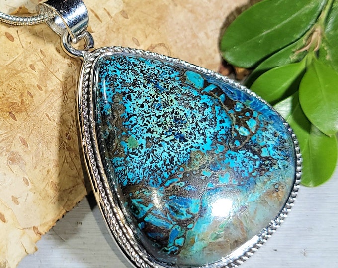 Natural Excellent Quality Azurite Pear Handmade .925 Sterling Silver Pendant Measures 1 7/8" x 1 1/4" Weighs 14 grams CF04