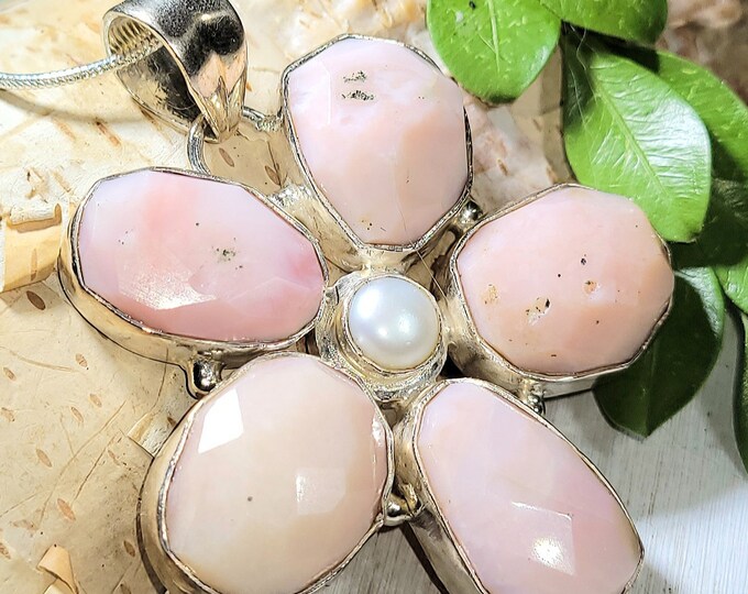 Natural Tumble Stones Pink Opal & Pearl Flower .925 Sterling Silver Pendant measures 2 1/4" x 1 7/8" 25 Grams J02