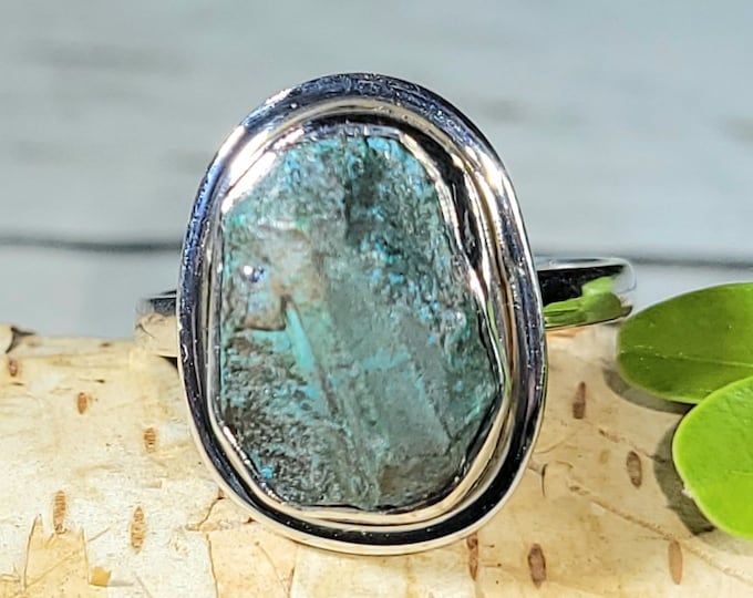 Natural Raw Rough Cut Chrysocolla Handmade .925 Sterling Silver Ring Size 9 5 Grams 3/4" x 5/8" CD22