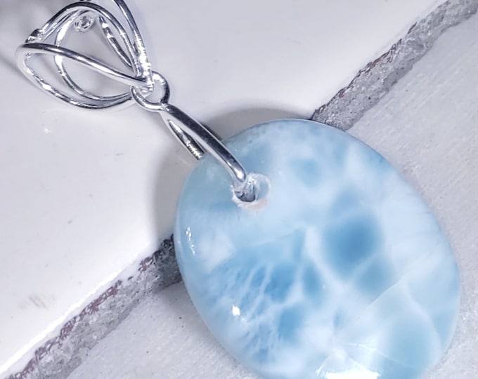 Natural High Grade, Dominican, AA Larimar Pendant, Oval Cabochon,  .925 Sterling Silver Pendant, 10 Grams EA2(05) Heavy Duty Designer Bail