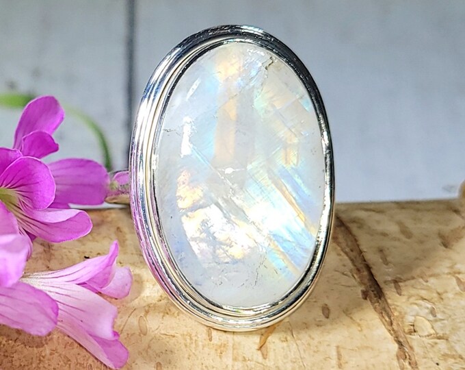Rainbow Moonstone Ring, Moonstone Ring, Sterling Silver Moonstone Ring, Moonstone Ring Size 8.50, Statement Ring, Boho Ring, FG