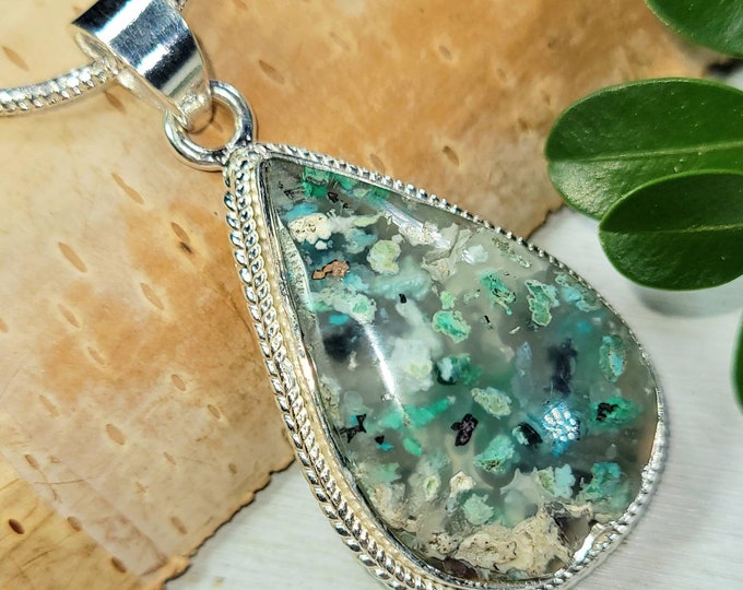 Chalcedony Chrysocolla Native copper Blue Opal Pendant, chysocolla copper Pendant, .925 Sterling Silver Blue Opalized Petrified Pendant, DR