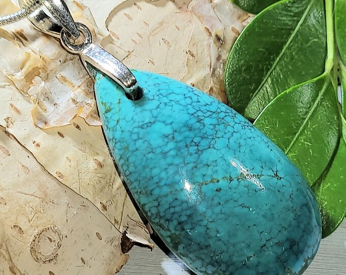 Natural Top Grade Tibet Turquoise Pear Cabochon .925 Sterling Silver Pendant 2" x 13/16" M10 Sterling Silver Heavy Duty Bail