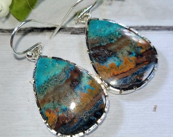 Blue Opal Earrings, Petrified Wood Earrings, .925 Sterling Silver Blue Opalized Petrified Earrings, Sterling Silver Blue Opal Earrings