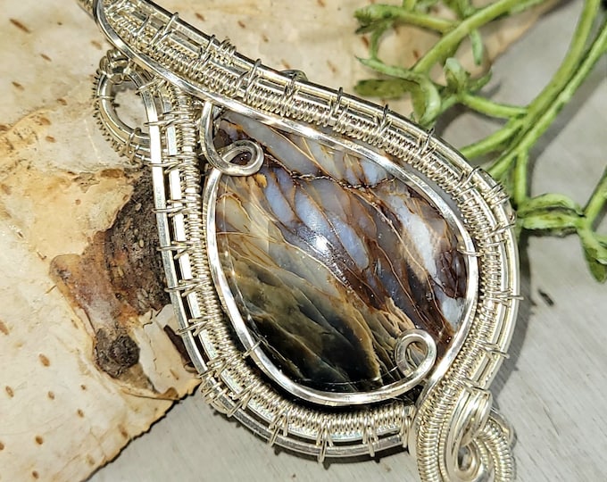 Blue Common Opalized Wood Pendant, Blue Common Opalized Wood Wire Wrapped Sterling Silver Pendant, Hand Wire Wrapped Pendant, HH04