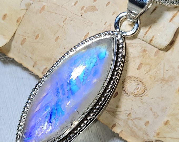 Natural Blue Flash Marquise Shape Rainbow Moonstone .925 Sterling Silver Pendant 1 5/8" x 9/16" 6 Grams EX09