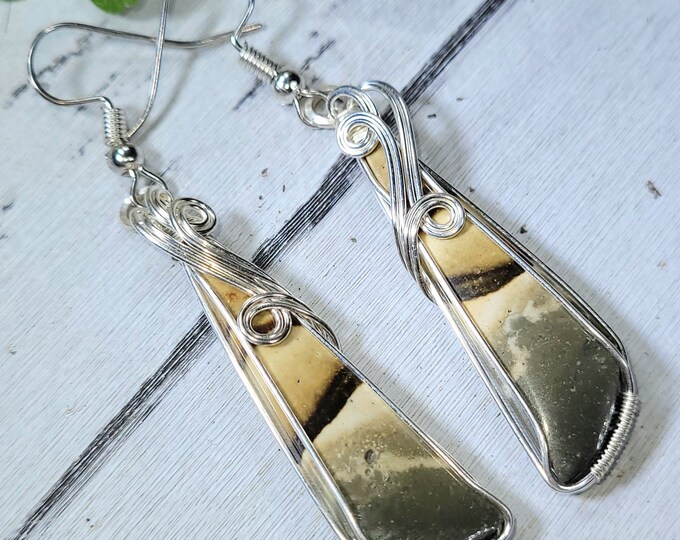 Natural Polychrome Jasper Pear Wire Wrapped .925 Silver Earrings, Sterling Silver Wire Wrapped Earrings, Handmade Stone Jewelry BA12