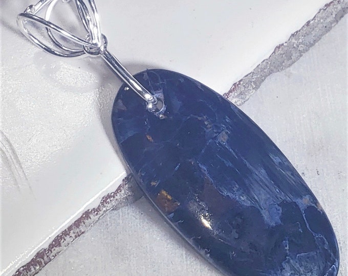 Natural High Grade Blue Pietersite Oval Cabochon  .925 Sterling Silver Pendant 2 1/2" x 3/4" EB35 Sterling Silver Designer Bail