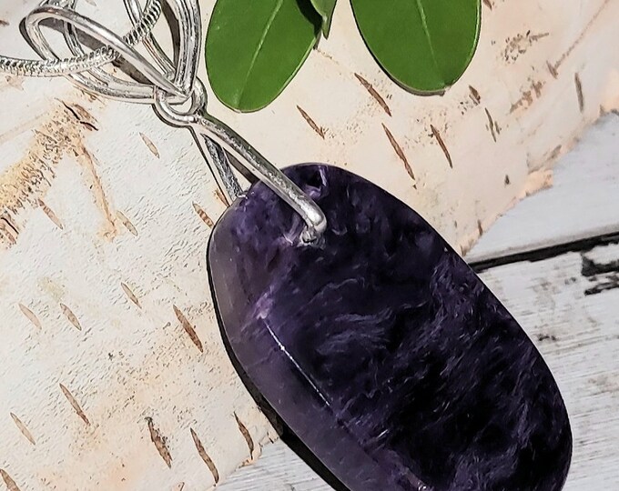 Natural AAA Charoite Oval Cabochon .925 Sterling Silver Pendant  2 1/8" x 3/4" EH41 Sterling Silver Designer Bail