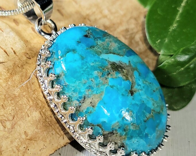 Natural High Grade Arizona Kingman Turquoise Oval  Handmade .925 Crown Prong Sterling Silver Pendant 1 9/16" x 7/8" 10 grams CF30
