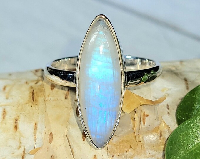 Natural AAA Grade Blue Flash Moonstone Marquise .925 Sterling Silver Ring Size 7.5 4 Grams 7/8" x 5/16" EX37