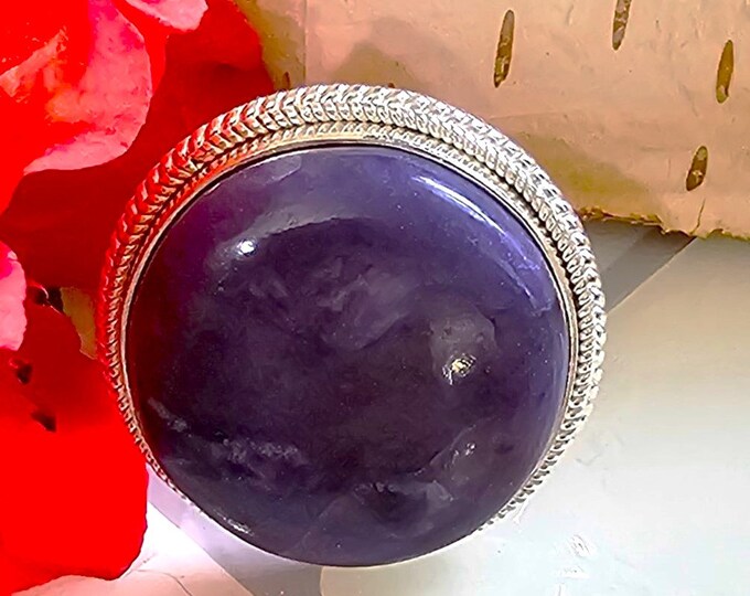 Charoite Ring, Sterling Silver Charoite Ring, Size 8, Charoite Round Ring, Statement Ring, Handmade Charoite Ring, Gift for Her, HF