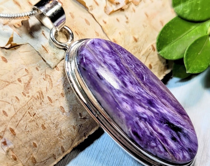 Natural High Grade Russian Charoite Oval Handmade .925 Sterling Silver Pendant 2" x 3/4" 10 Grams AC15