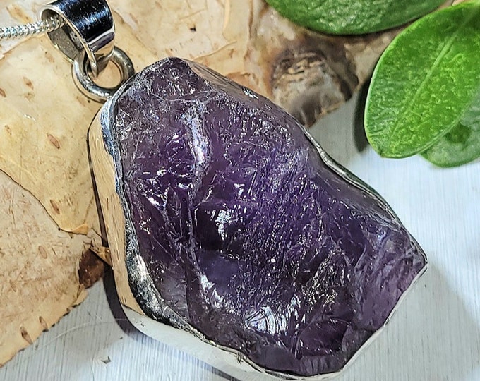 Natural Raw Amethyst Rough Cut Handmade .925 Sterling Silver Pendant 1 9/16" X 1" 10 grams AM23