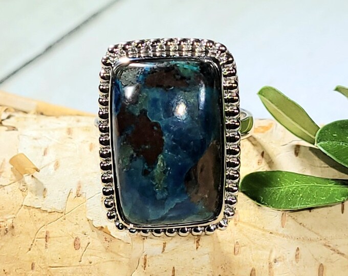 Natural Rare Shattuckite Handmade Rectangle .925 Sterling Silver Ring Size 7 7 Grams Face 7/8" x 5/8" CA34