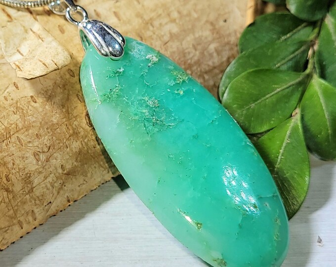 Natural AAA Grade Chrysoprase Oval Cabochon .925 Sterling Silver Pendant 2" x 13/16" CG32 Rhodium Dipped Sterling Silver Bail Gift for her