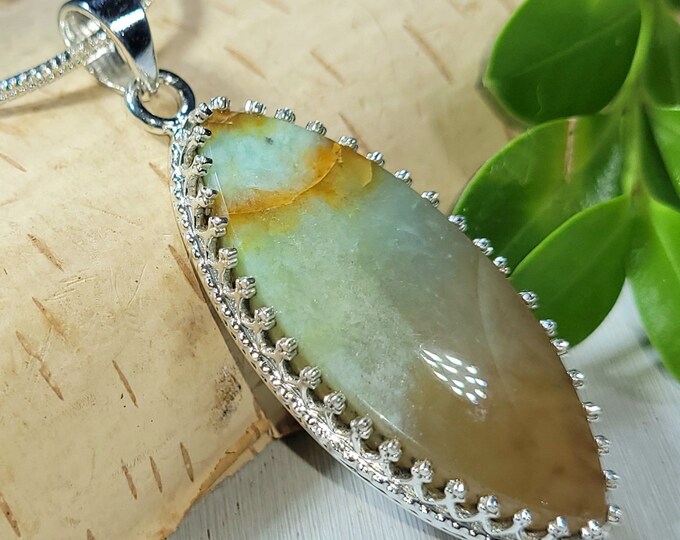 Natural AAA Grade Multi Color Opalized Wood Marquise Handmade .925 Sterling Silver Pendant 2" x 3/4" 8 grams CM25 Crown Prong Setting