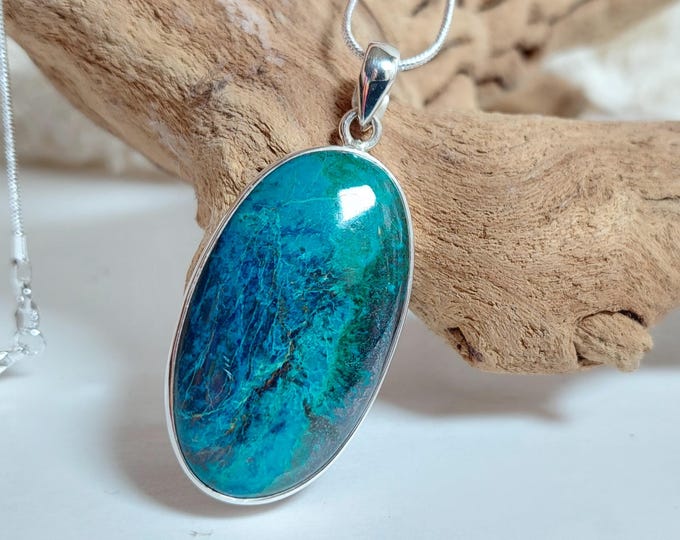 Handmade Chrysocolla Azurite Sterling Silver Statement Pendant 2 1/8 x 1, 15g, JV45