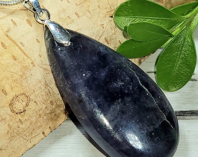 Natural Violet Blue Iolite Sunstone Pear Cabochon .925 Sterling Silver Pendant 1 7/8" x 3/4" AS14 Custom Fit Sterling Silver Bail