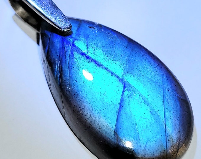Natural High Grade Blue Flash Labradorite Pear Cabochon  .925 Sterling Silver Pendant 1 11/16" x 3/4" EE15