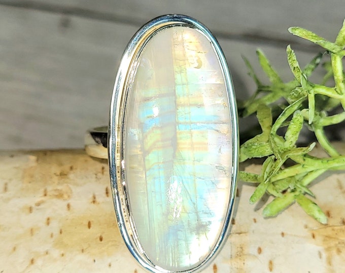 Moonstone Ring, Rainbow Moonstone Sterling Silver Ring, Premium Grade Moonstone Ring, Size 8.75, Statement Ring, Handmade Ring, GJ