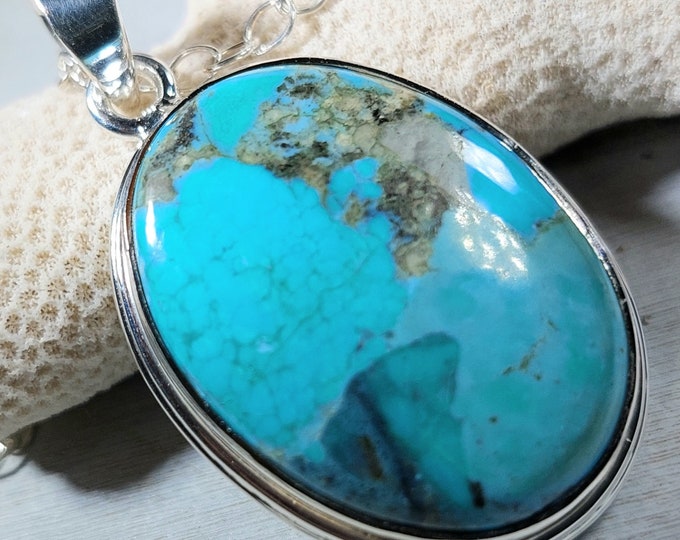 Turquoise Pendant, Sterling Silver Turquoise Pendant, Oval Kingman Arizona Turquoise Boho Pendant, Statement Pendant GH10