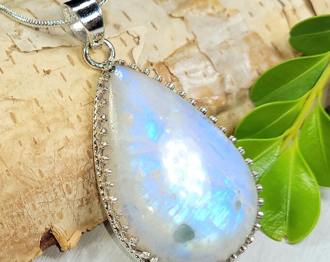 Natural Bright Blue Flash Pear Rainbow Moonstone .925 Sterling Silver "Crown Prong" Pendant Measures 2" x 1" Weighs 14 Grams CB06