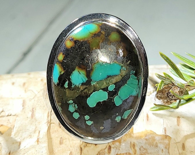 Natural Best Grade Tibet Turquoise Handmade .925 Sterling Silver Ring Size 9.5 9 Grams Face 1" x 13/16" AM09