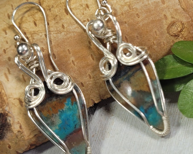 Blue Opalized Earrings, Opalized Sterling Silver Wire Wrapped Earrings, Petrified Wood Earrings, Hand Wrapped Earrings, Gift for Her DT24