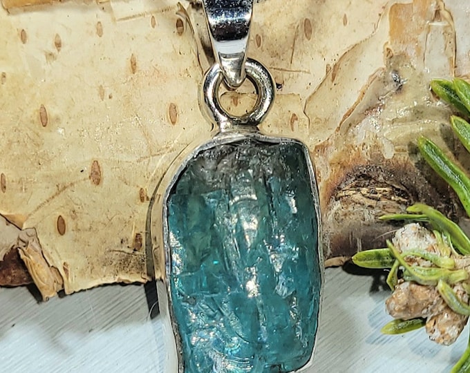 Raw Apatite Rough Cut  .925 Sterling Silver Pendant 1 1/4" X  1/2" AL24 4 grams Handcrafted