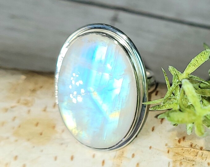 Moonstone Ring, Rainbow Moonstone Sterling Silver Ring, Premium Grade Moonstone Ring, Size 7.5, Statement Ring, Handmade Ring, GJ