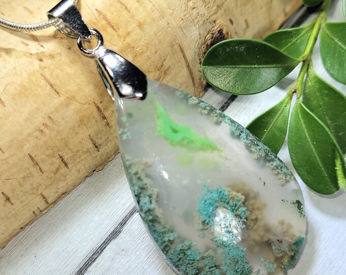 Moss Agate Pendant, Green Moss Agate Pear Sterling Silver Pendant, Gift for Her, Statement Pendant, Heavy Duty Bail DU22, Handmade Pendant