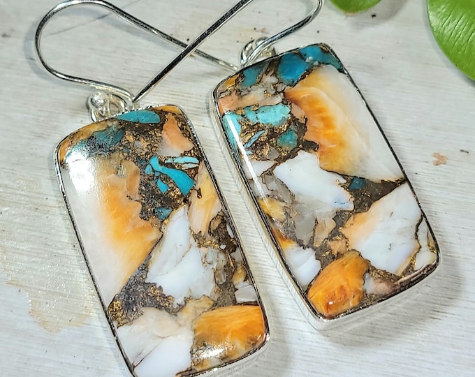 Natural Top Quality Spiny Oyster Turquoise .925 Sterling Silver Earrings 10 Grams 1 3/4" x 5/8" EN10