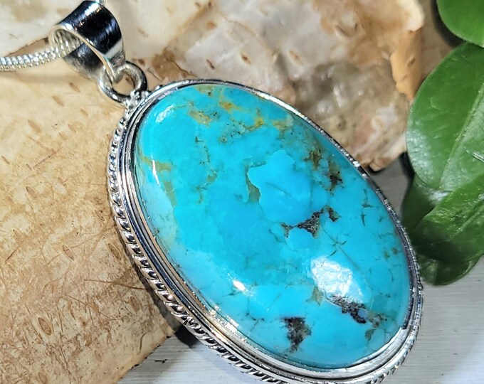 Natural Premium Grade Arizona Kingman Turquoise Oval Handmade .925 Sterling Silver Pendant 1 3/4" x 7/8" 11 grams CF40 Gift for Her