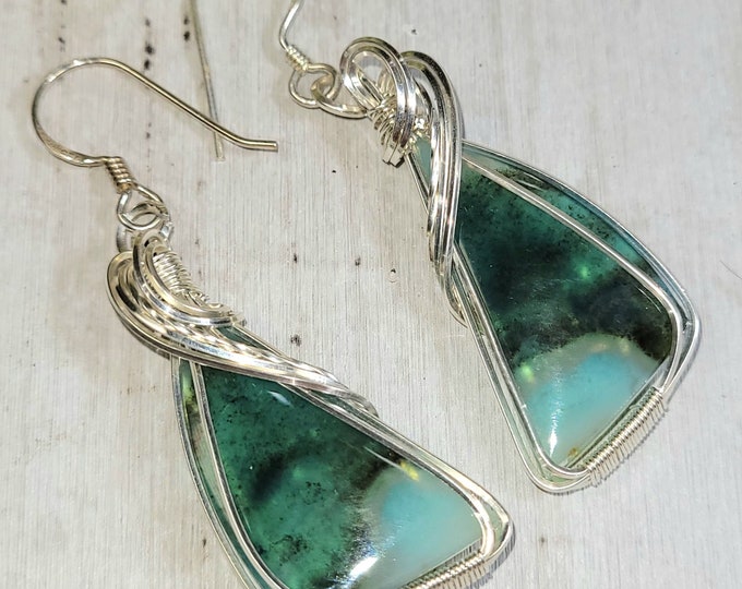 Blue Opalized Earrings, Petrified Wood Earrings, Blue Opalized Sterling Silver Wire Wrapped Earrings , Handmade Earrings, HC24, Gift for Her