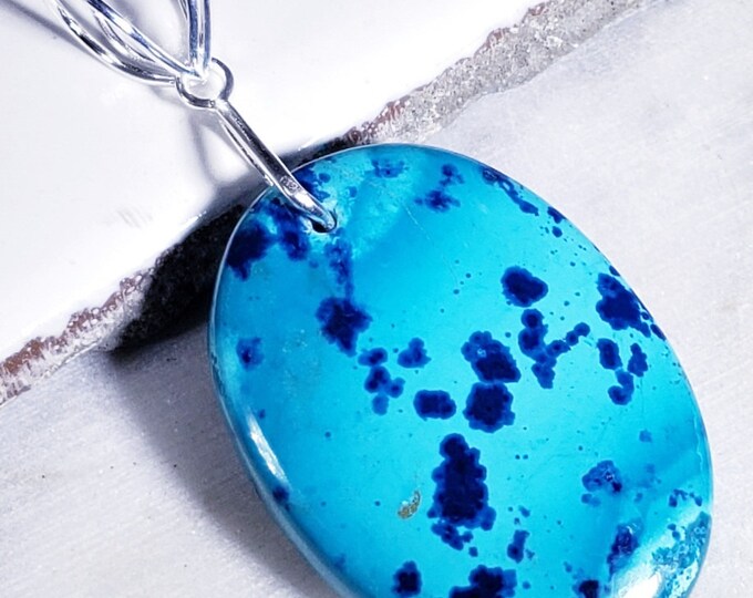 Natural Rare Large Shattuckite Oval Cabochon .925 Sterling Silver Pendant 2 1/2" x 1 3/16" 15gr EA03 Sterling Silver Designer Bail
